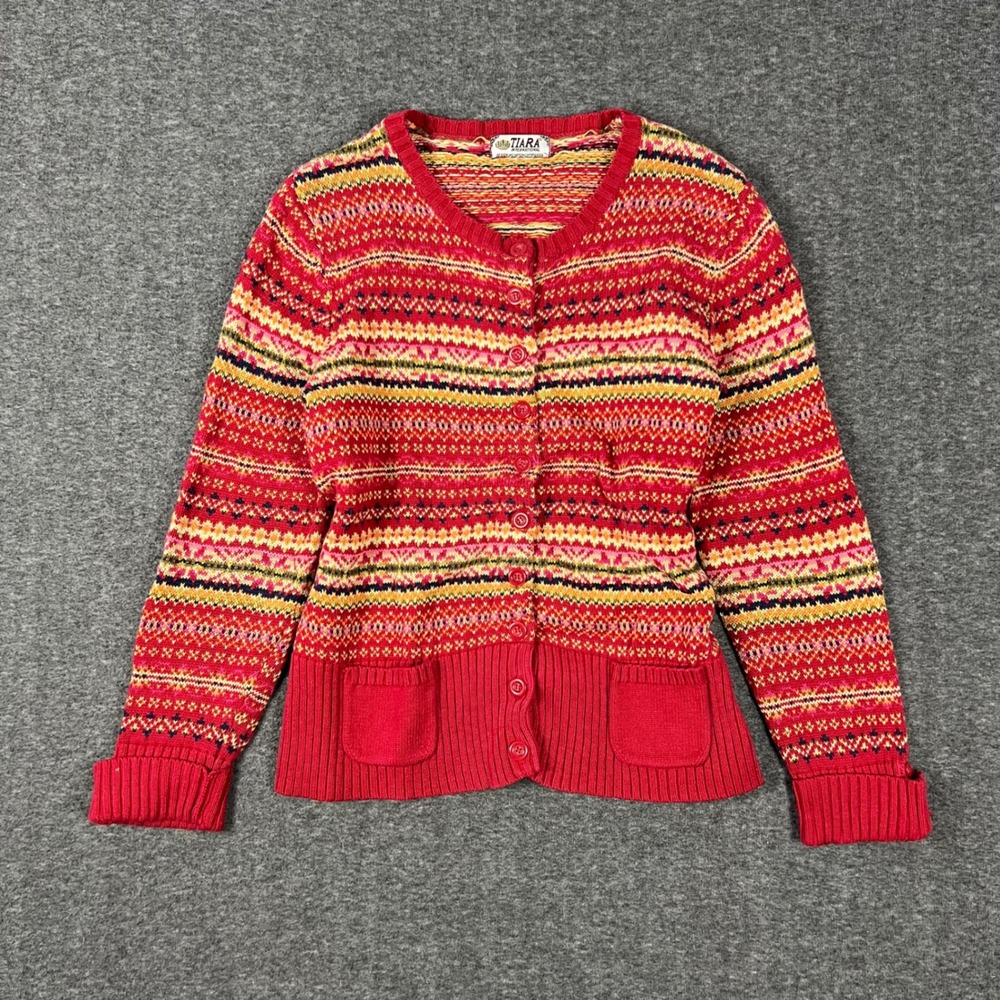 Vintage Tiara International Fair Isle Knit Cardigan Women Medium Red Grandmacore